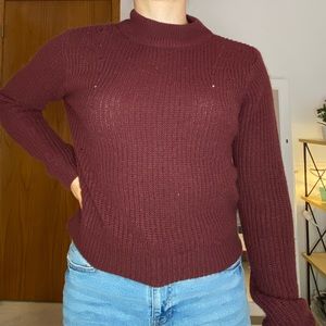 Burgundy High Neck Cowl Neck Sweater
